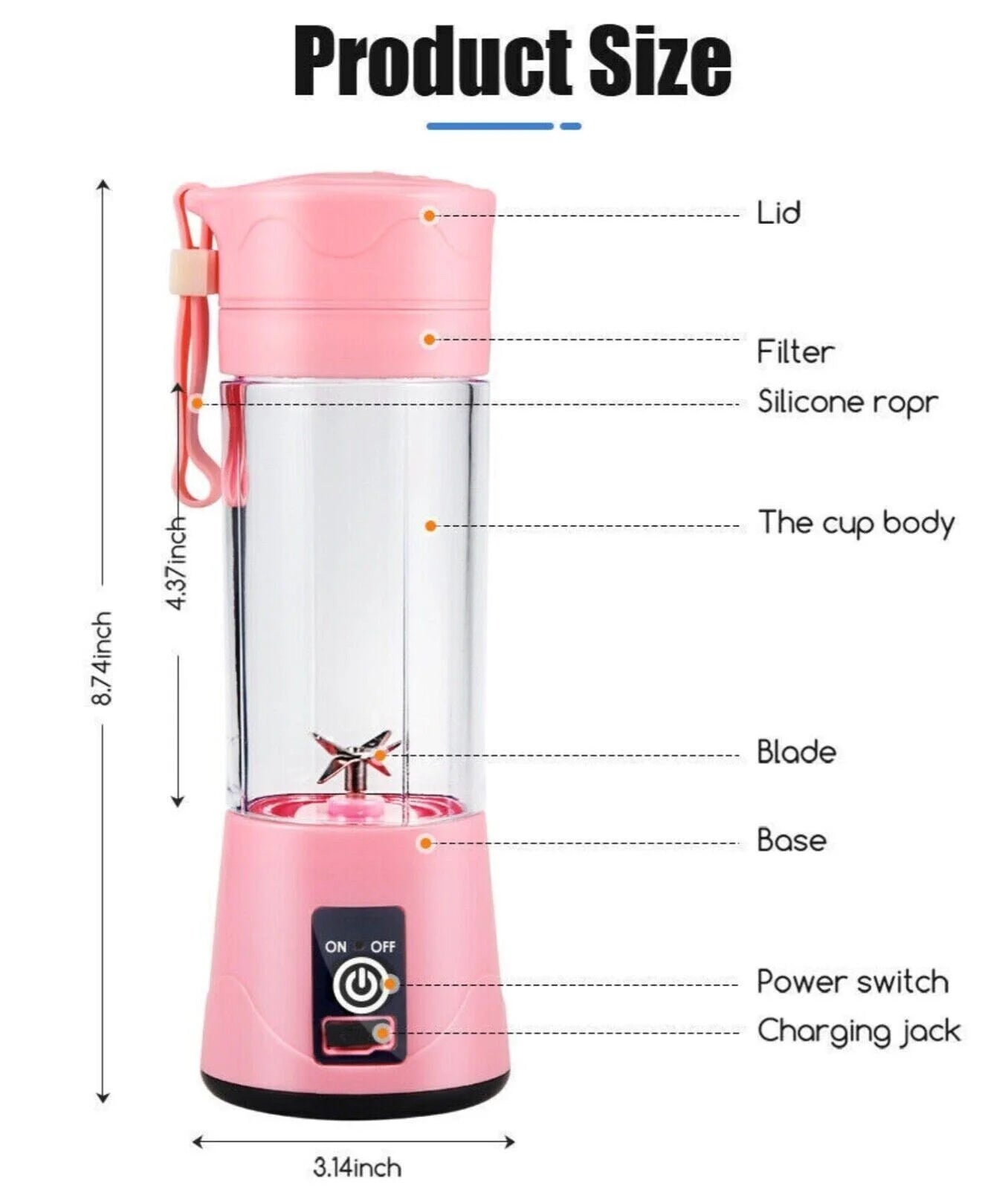 Portable Mini Juicer Cup, Personal Blender 6 Blades Mixer Fruit Machine for Smoothies Shakes, Pink, 380Ml