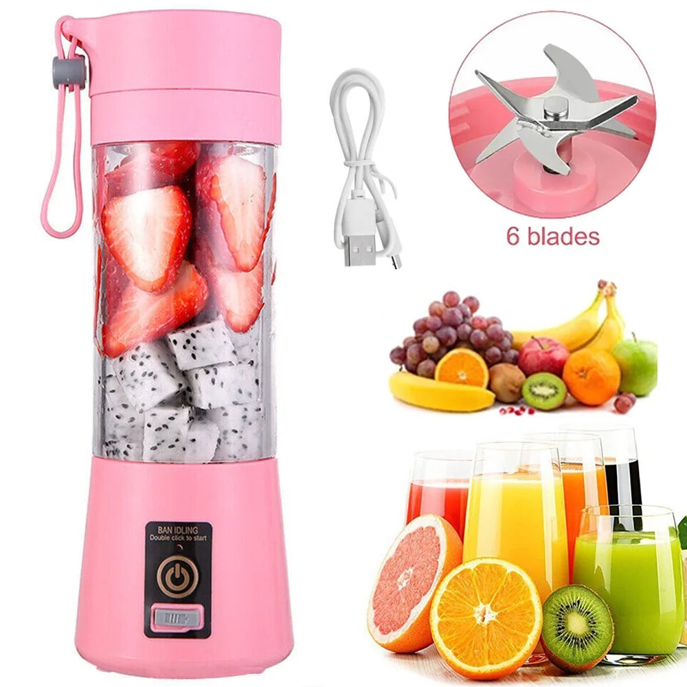 Portable Mini Juicer Cup, Personal Blender 6 Blades Mixer Fruit Machine for Smoothies Shakes, Pink, 380Ml