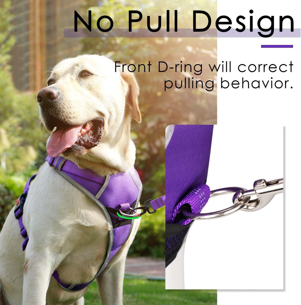 Dog Harness Leash Set, No Pull Dog Harness, Front Clip Dog Harness, Reflective Dog Vest, with 5 Ft Dual Handle Dog Leash, Padded Handles Bungee Training Dog Leash S Purple