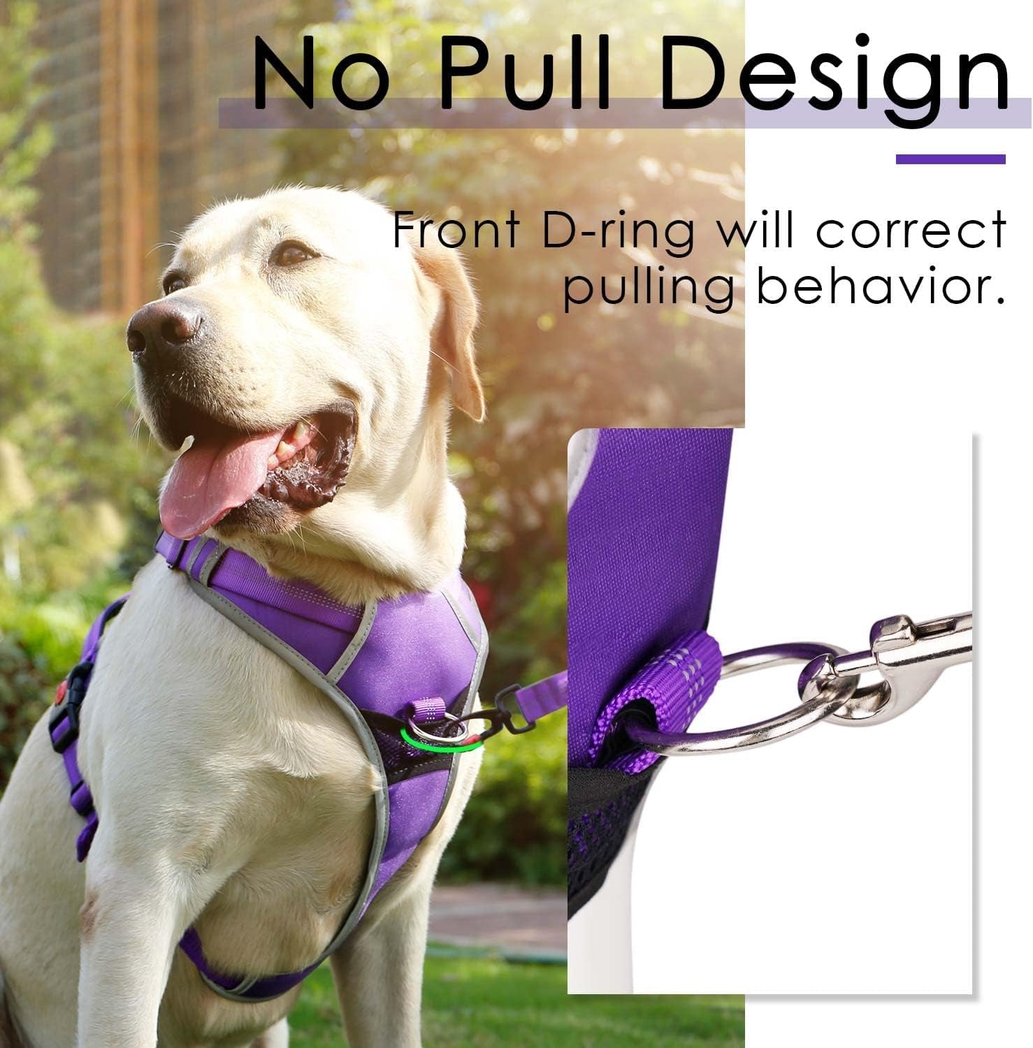 Dog Harness Leash Set, No Pull Dog Harness, Front Clip Dog Harness, Reflective Dog Vest, with 5 Ft Dual Handle Dog Leash, Padded Handles Bungee Training Dog Leash S Purple