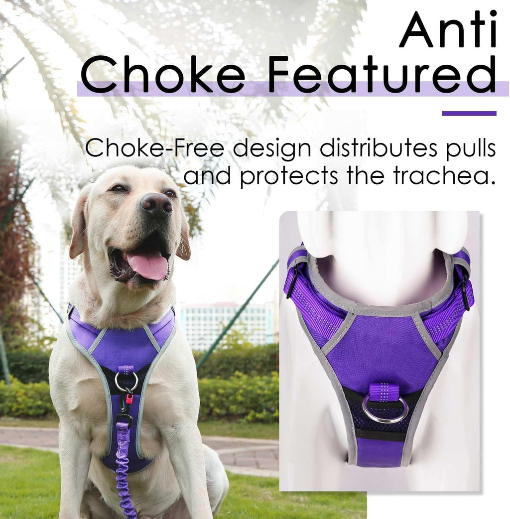 Dog Harness Leash Set, No Pull Dog Harness, Front Clip Dog Harness, Reflective Dog Vest, with 5 Ft Dual Handle Dog Leash, Padded Handles Bungee Training Dog Leash S Purple
