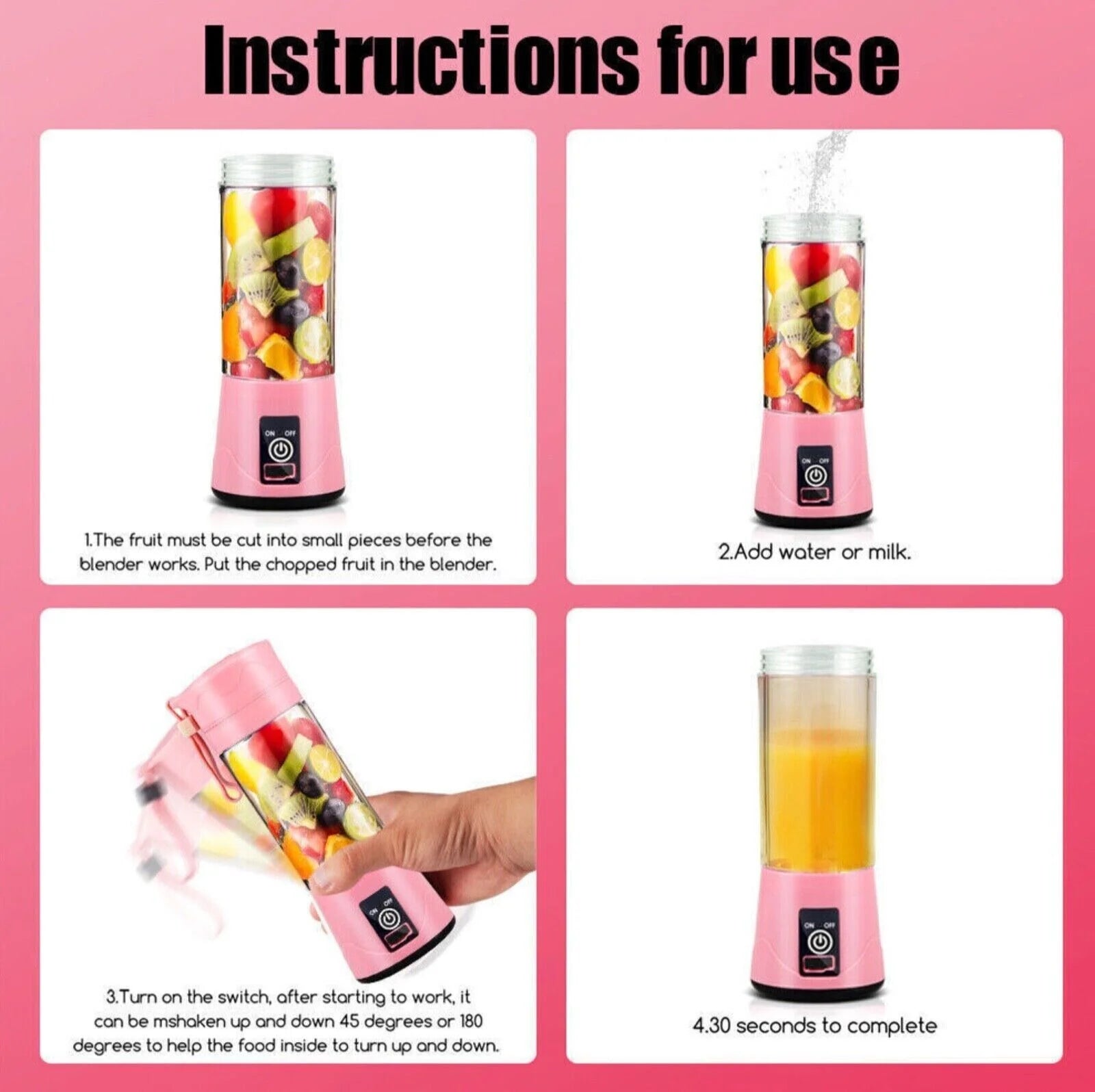 Portable Mini Juicer Cup, Personal Blender 6 Blades Mixer Fruit Machine for Smoothies Shakes, Pink, 380Ml