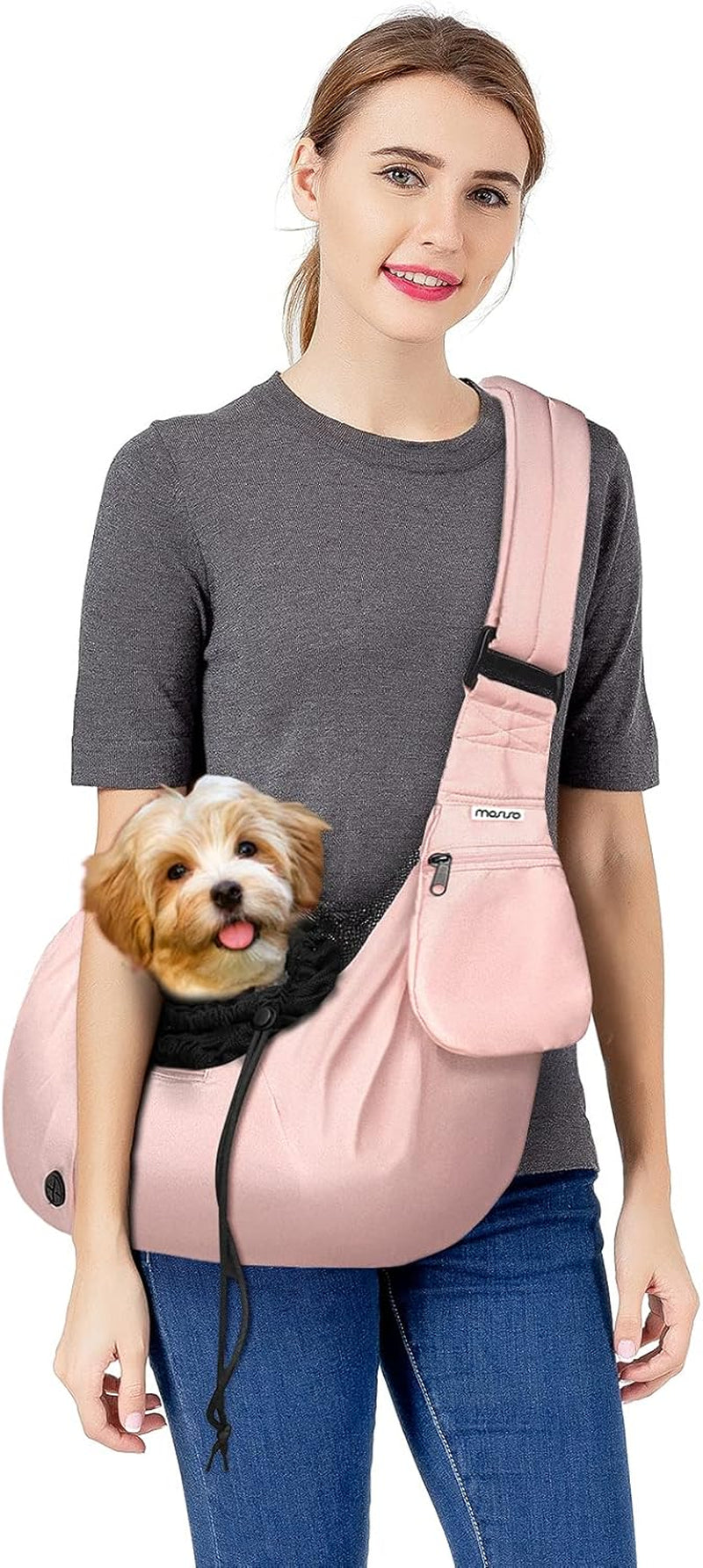 Small Dog Cat Sling Carrier, Pet Carrier Tote Bag Purse Hands Free Adjustable Padded Strap Breathable Polyester Soft Carrying Travel Shoulder Bag with Front Pocket for Dogs Cats, Pink