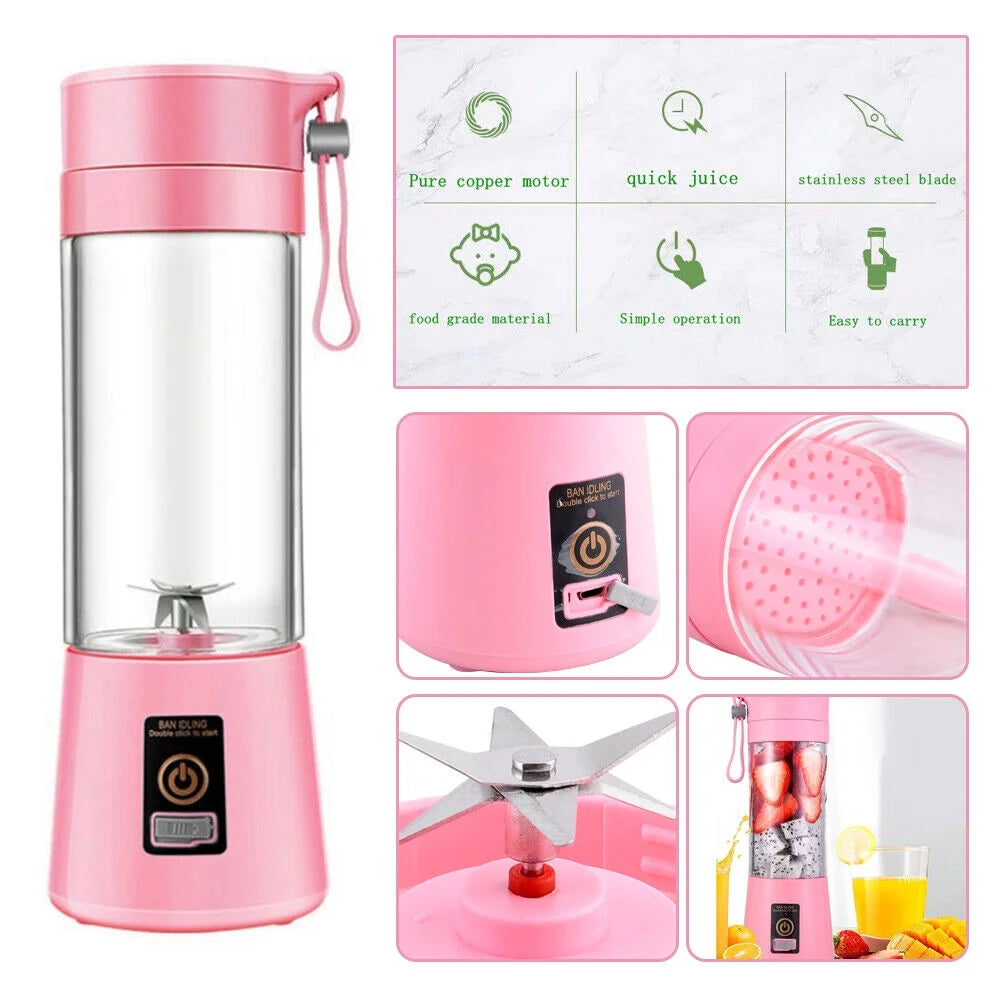 Portable Mini Juicer Cup, Personal Blender 6 Blades Mixer Fruit Machine for Smoothies Shakes, Pink, 380Ml